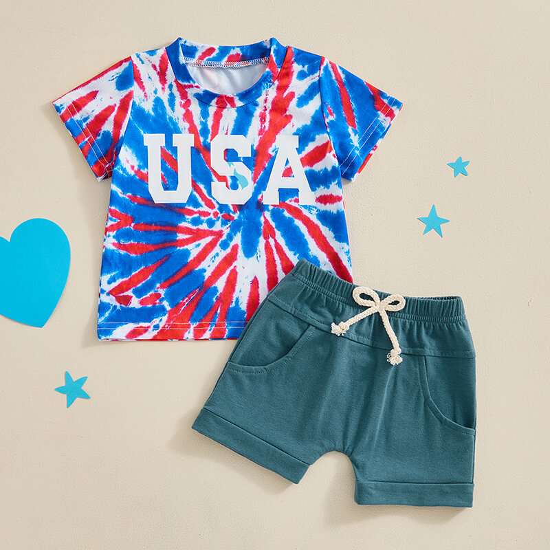Visgogo-conjunto de roupas para meninos, camiseta de manga curta com letras estampadas e shorts de cintura elástica, roupa de verão para 4 de julho