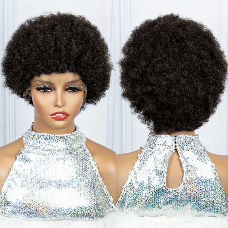 Peluca Bob corta para mujeres negras, cabello humano rizado brasileño, pelo Remy a máquina completo, Afro Puff, 150% de densidad