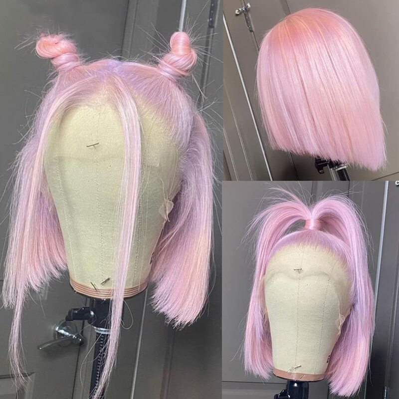 Pink Short Bob Cut Wigs Straight Lace Front Human Hair Wig for Women Remy Peruvian Hair Transparent Lace Frontal Wig Pre Plucked