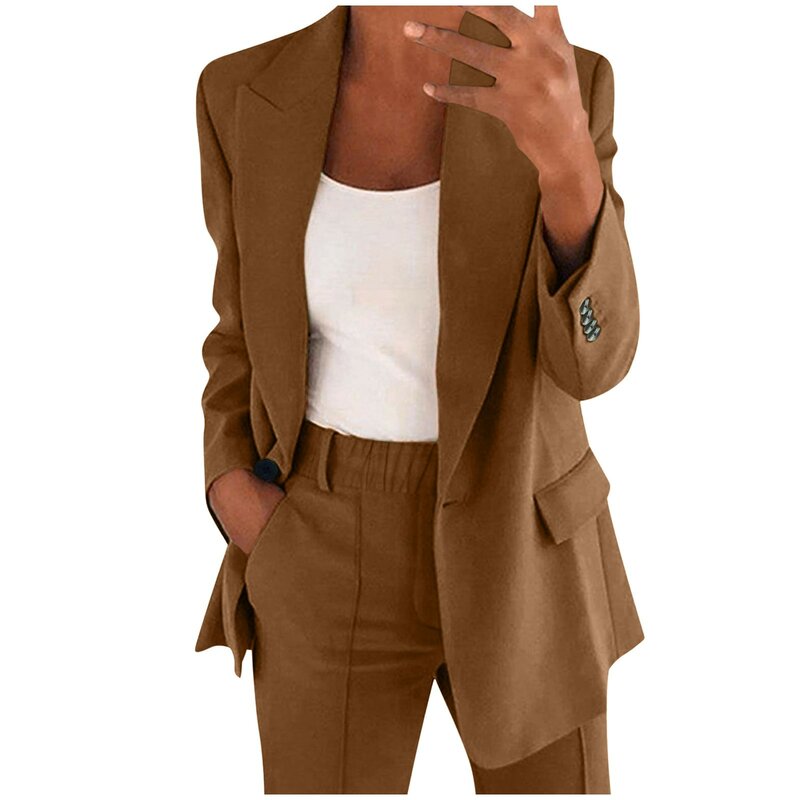 Damski garnitur biurowy 2-częściowy garnitur ze spodniami z długim rękawem i guzikami Formalna kurtka + spodnie z szerokimi nogawkami Slim Blazer Coat