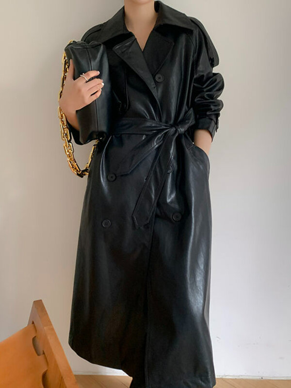 Gabardina larga de piel sintética para mujer, abrigo negro de doble botonadura, chaqueta de Moto de moda coreana, ropa de calle para mujer, abrigos elegantes