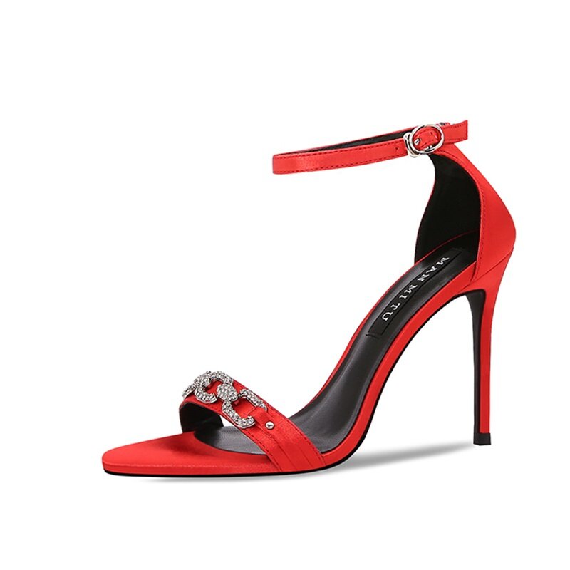 FHC-Sandalias de tacón alto con diamantes de imitación para mujer, zapatos de boda sexys con correa de hebilla en el tobillo, color negro, rojo, champán, envío directo, 2024