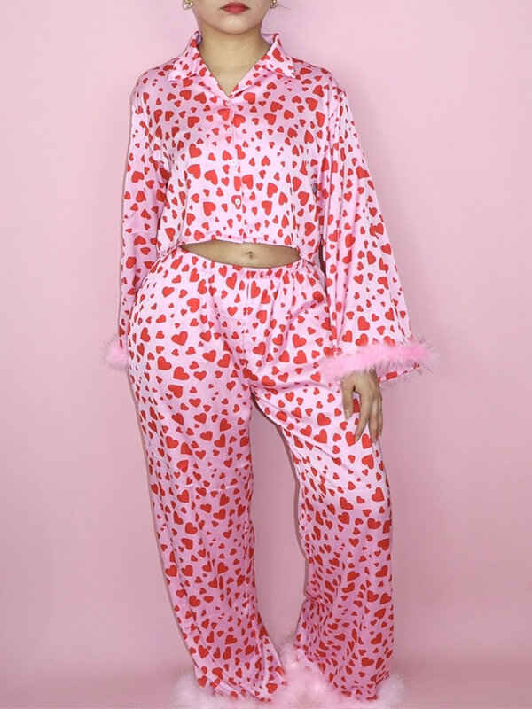 Womens Valentines Day Two Piece Pajama Set Long Sleeve Heart Print Button Down Shirts Pants Y2K Loungewear Sleepwear
