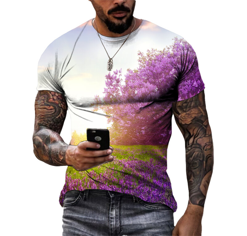 아름다운 풍경 자연 경관 캐주얼 티셔츠, 남성 HD 3D 프린트 티, 힙합 하라주쿠 캐릭터, 라운드 넥 반팔 상의