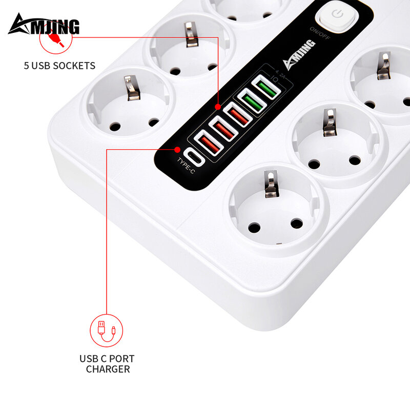 Power Strip EU Plug European Standard Socket Surge Protector Charger 6 Outlets 2M Wire Extension Cable Line Board With Type c