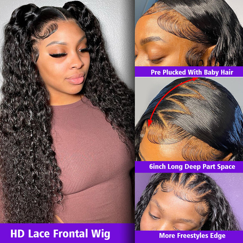 13x6 Hd Lace Frontal Wig Brazilian Water Wave Curly Lace Front Wig For Black Women 200 Density Glueless Deep Wave Wig Human Hair