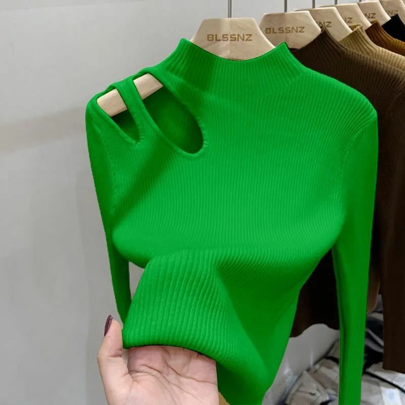 2023 Women's Clothing Early Autumn Long sleeved Shoulder T-shirt Neck Knit Bottom Shirt Slim Fit Top Pullovers Jumpers Sweaters