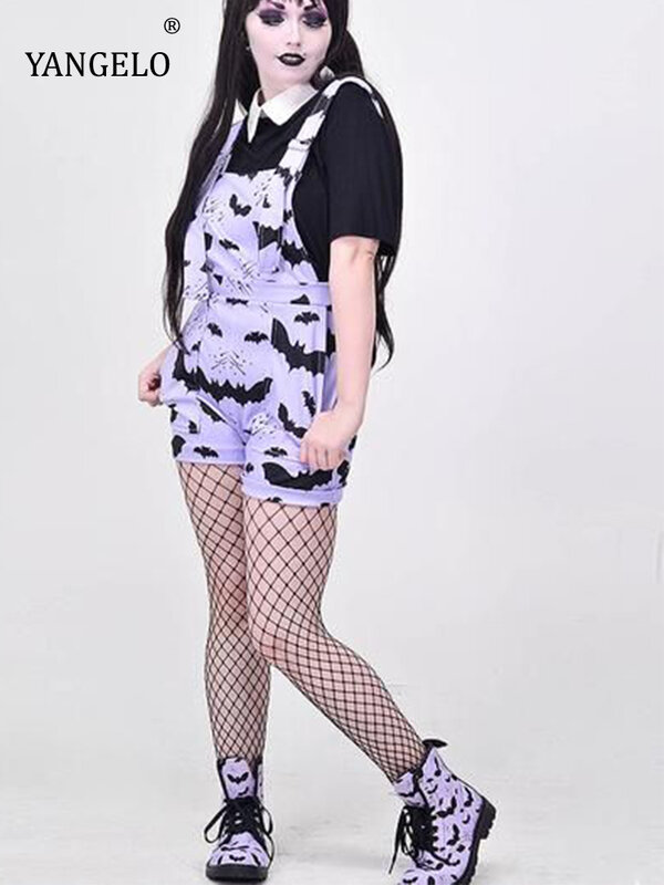 Yangelo Bat Muster Overalls Gothic Emo Gedruckt Bodys Frauen Grunge Punk Bodycon Ästhetischen Sexy Club Strampler mit Taschen