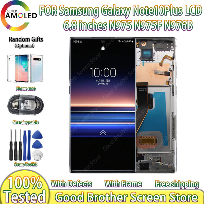 หน้าจอ AMOLED สำหรับ Samsung Galaxy Note 10 Plus Note10แสดงผล + N975F N975แผง N975U LCD ทัชสกรีนดิจิไทเซอร์พร้อมกรอบ