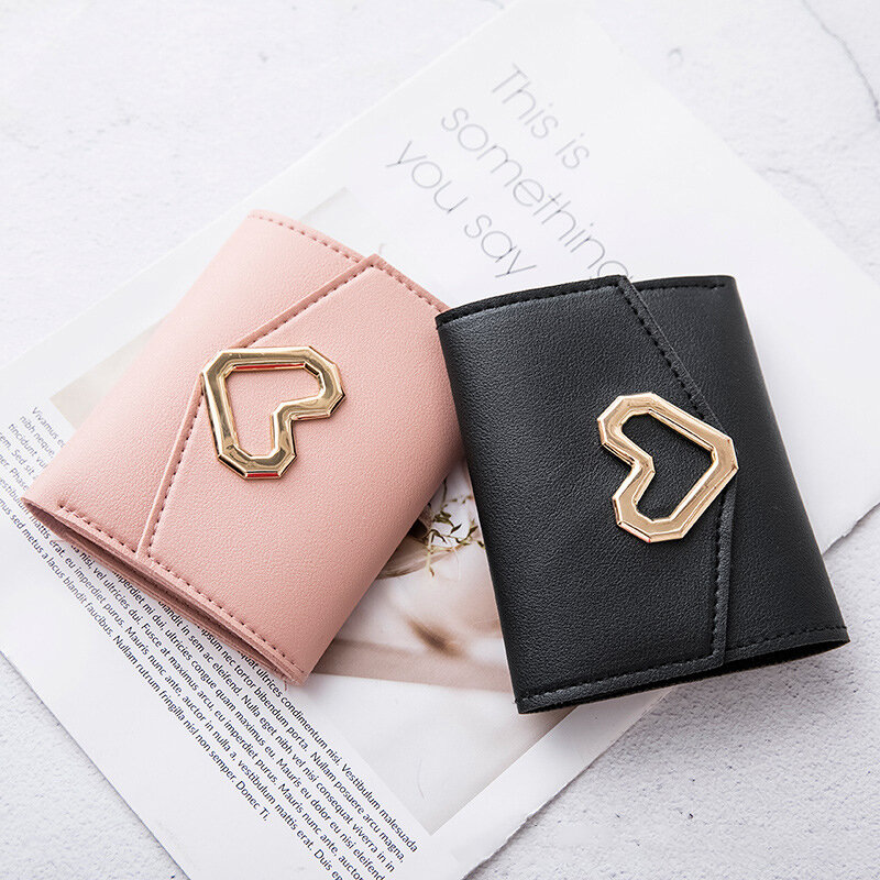 Portafogli corti da donna a forma di cuore carino piccolo portafoglio da donna in pelle PU sottile semplice borsa femminile