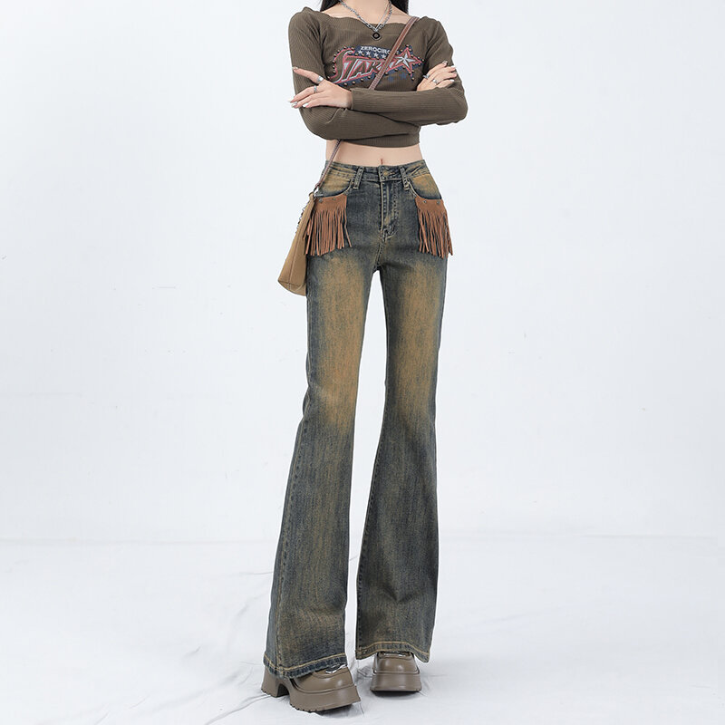 Pantalones vaqueros holgados de pierna recta para mujer, ropa de calle Vintage, diseño de flecos, a la moda, combinan con todo, 2023