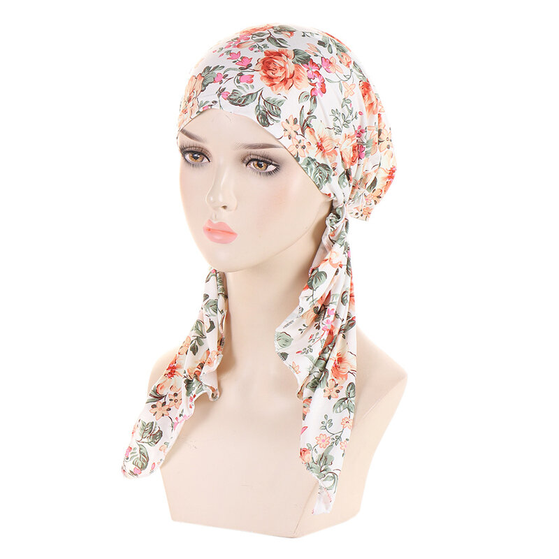 Turbante Hijab muçulmano estampado floral para mulheres, boné quimio interno, lenço pré-amarrado, envoltório do câncer, envoltório de cabelo