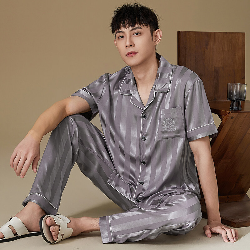 High Quality Summer Men Satin Silk Pajamas Set Big Size M-4XL Men Short Sleeve Sleepwear Male Turn-down Collar Pijama