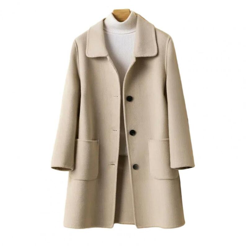 Mantel longgar warna polos wanita, jaket mantel lengan panjang menengah kerah Single-breasted tebal tahan dingin musim gugur