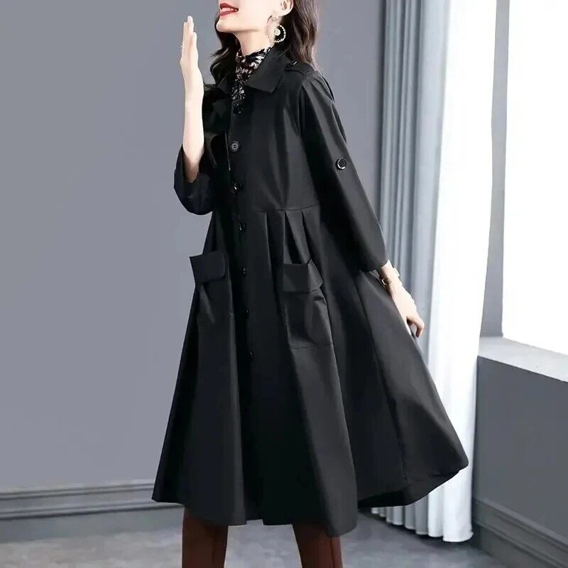 Женская ветровка, пальто для женщин, весна-осень 2024, Новое высококачественное свободное стильное приталенное осеннее пальто средней длины, женское Плиссированное пальто с карманами