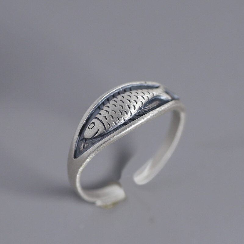 Anelli retrò di pesce unici geometrici in argento Sterling 925 per le donne anello Vintage aperto regolabile bohémien per il regalo di compleanno della festa