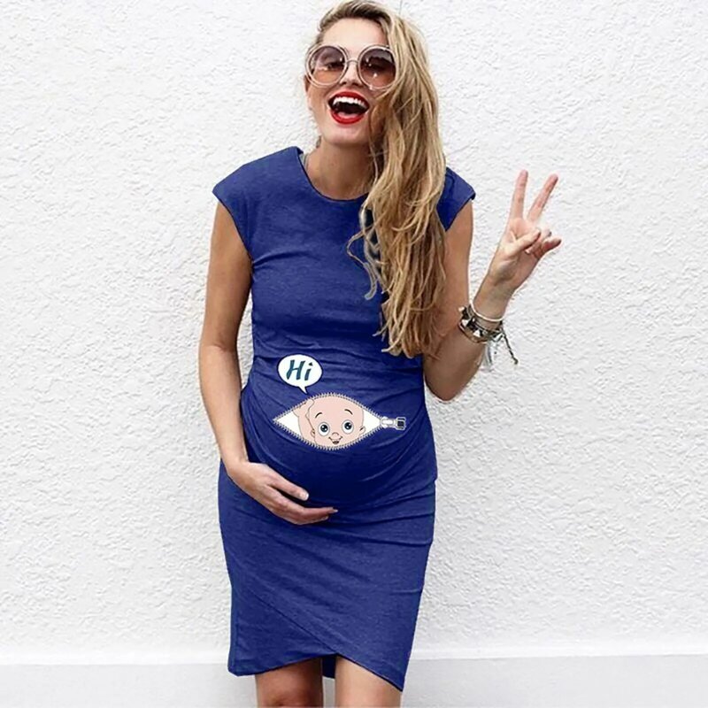 Gaun hamil musim panas wanita hamil tanpa lengan leher kru pola kartun gaun Tank ketat hamil gaun Baby shower