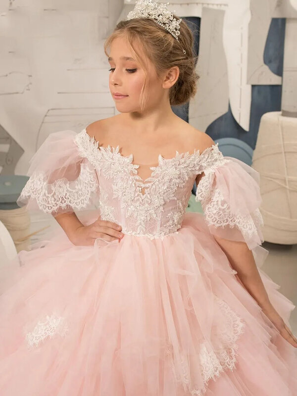Pink Layered Tulle Puffy Off Shoulder Lace Applique Flower Girl Dress For Wedding Child's First Eucharistic Birthday Party Dress
