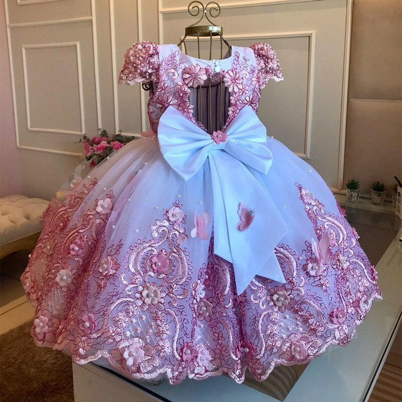 Baby Girl Birthday Dress Lace Pearls Infant Tutu Dress Princess Flower Girl Dress Cap Sleeve Long Christmas Gown