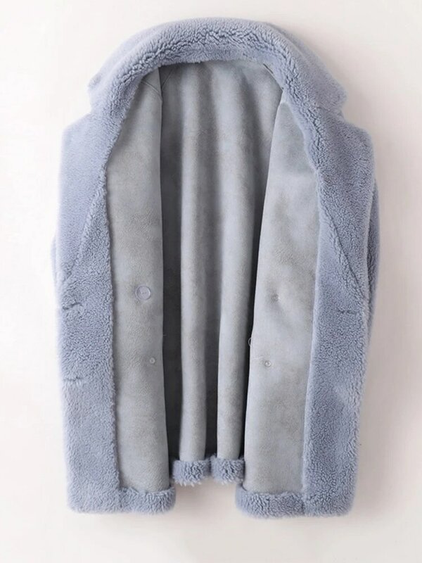 Women Sheepskin Wool Coat Pockets Ladies Winter Double Breasted Genuine Fur Outwear Jacket Warm Luxury Overcoat
