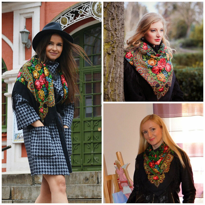Vrouwen Russische Stijl Pioen Bloemenprint Lange Kwast Grote Vierkante Sjaal Warm Katoenen Wrap Traditionele Etnische Mexicaanse Sjaal