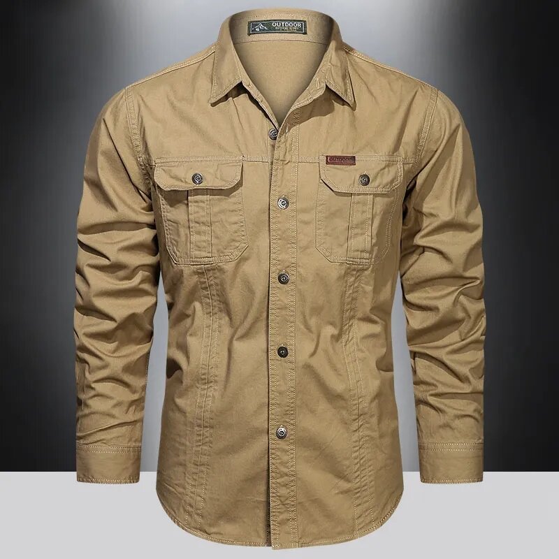 Camisa de algodón con bolsillo para hombre, estilo militar, Color sólido, ropa de marca informal delgada, camisas de manga larga, 5XL, Otoño, nuevo