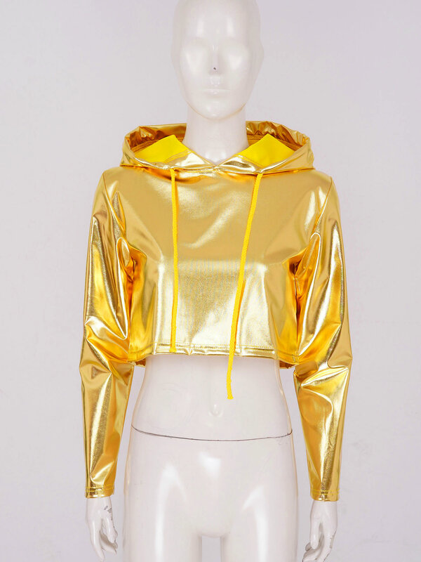 Womens Metallic Hooded Crop Top Fashion Long Sleeve Drawstring Hoodie Rave Party Music Festival Stage Performance Costume