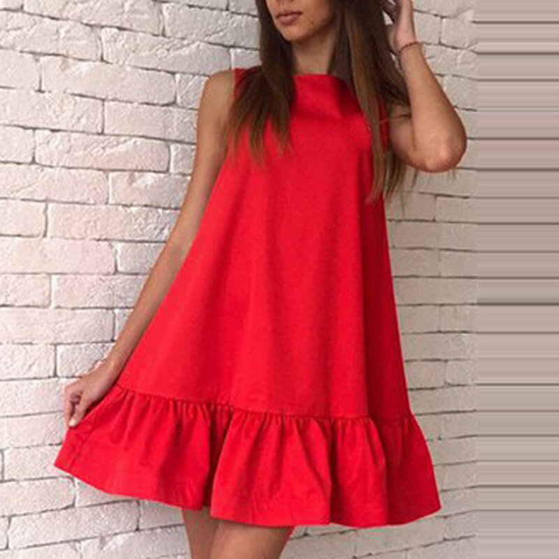 캐주얼 민소매 O 넥 플리티드 스윙 드레스 여성용, 패션 조끼 드레스 단색 여름 맞춤 플레어 드레스 2023