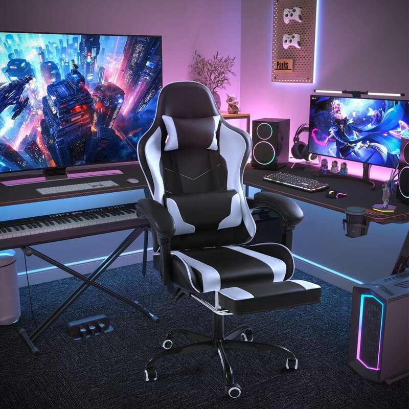 Silla Gaming con reposapiés y soporte Lumbar de masaje, sillas de videojuegos giratorias de 360 ° y asiento ajustable en altura