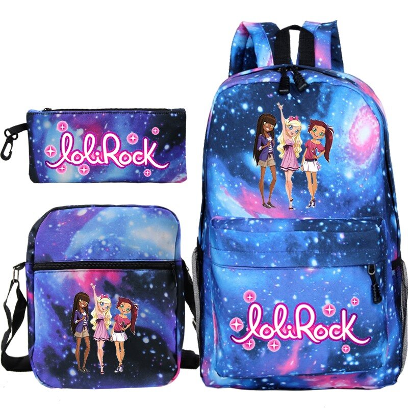 Lolirock-ペン付きバックパック,学生用ブックバッグ,素敵な3ピースセット,ショルダーストラップ付き,10代の旅行用
