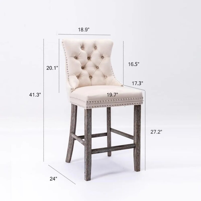 2つのバーと椅子のセット,ボタン付きの高さ,装飾的なネイルヘッドトリム,無垢材の脚と布張り,バーチェア