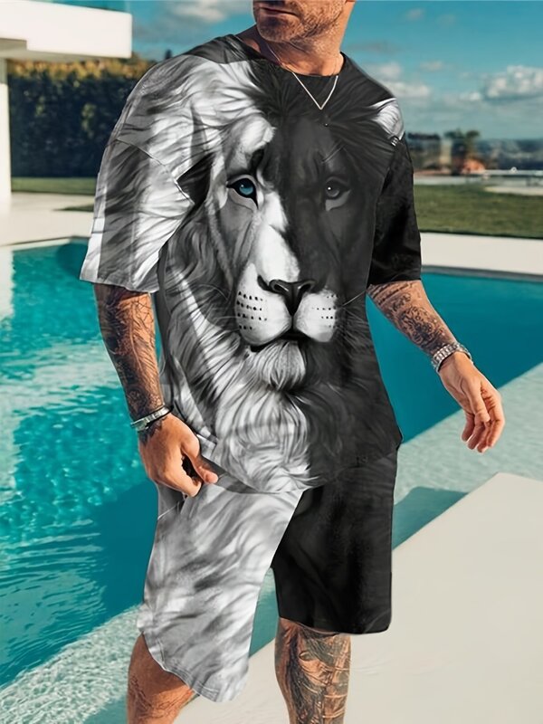 Костюм мужской из двух предметов, модный костюм с принтом льва для отдыха, летнего спорта, улицы, с круглым вырезом, черный и белый лев