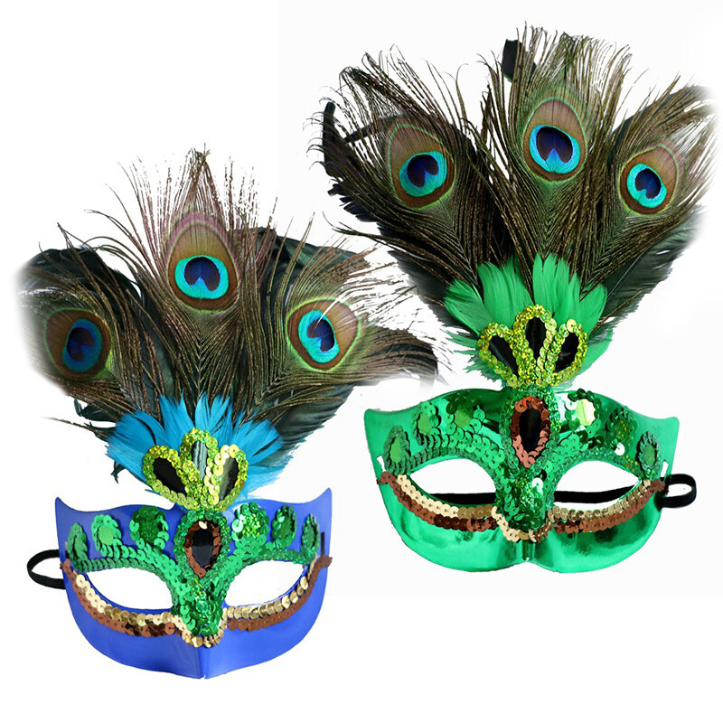 Pavão Pena Olho Máscaras com lantejoulas, Meia Face, Halloween Masquerade, Performance de Palco, Fontes do partido, Traje Acessório