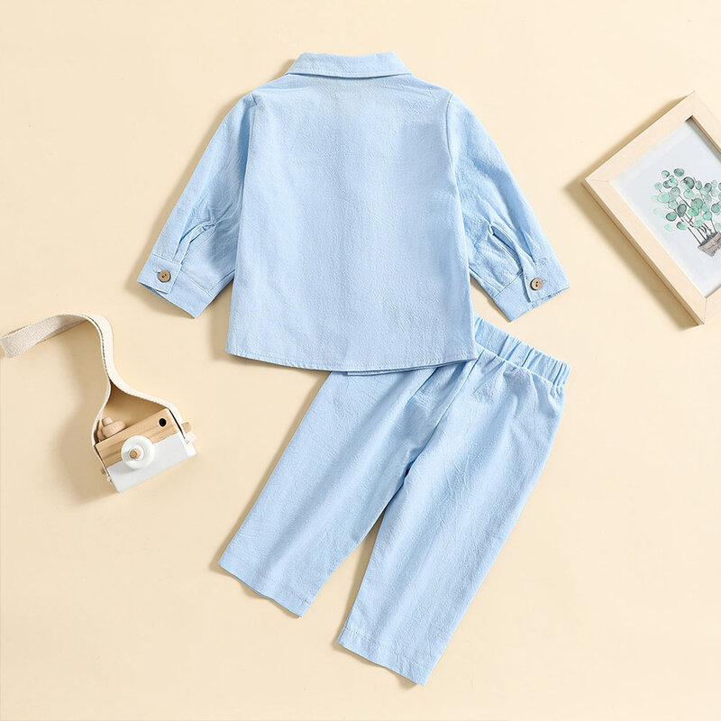 Personalized Spring Autumn Solid Color Cotton Linen Standing Neck Shirt Embroidered Casual Comfort Long sleeved Pants Set of Two
