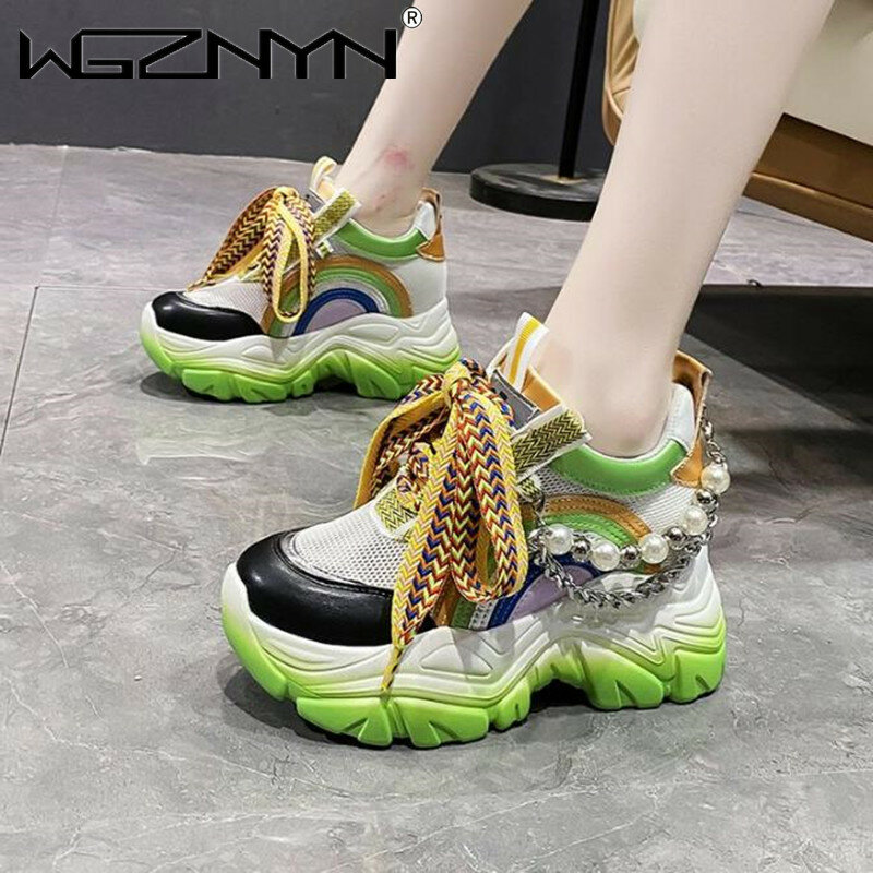 Patent Leather Ladies Casual Shoes Fashion String Bead Chain Girls Chunky Sneakers 8cm Heel Thick Sole Women's Platform Shoes