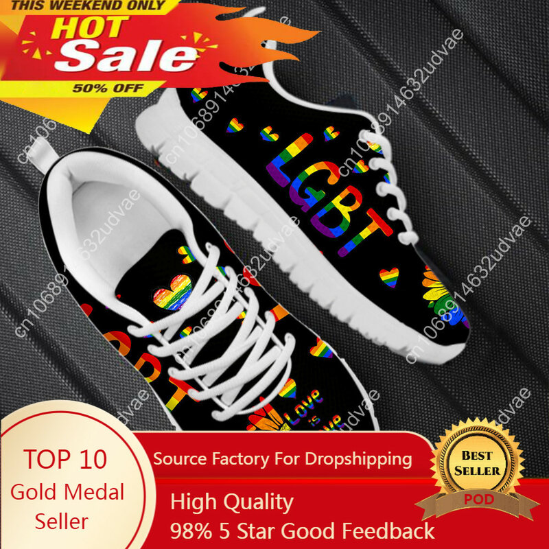 2022 New Style Girls LGBT Flat Shoes Breathable Lace Up Mesh Sneakers LGBT Sunflower Printed Women Running Shoes