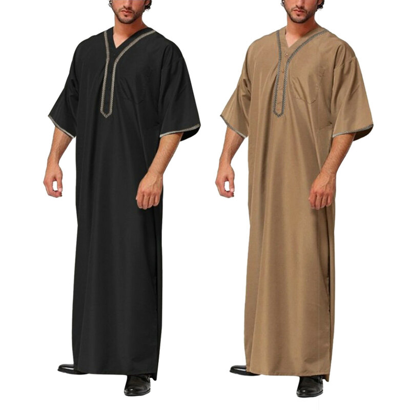 무슬림 남성 주바 토브 단색 단추 기모노 미들 로브, 사우디 무술만 셔츠, 스탠드 칼라, 이슬람 아랍어 카프탄 남성 아바야