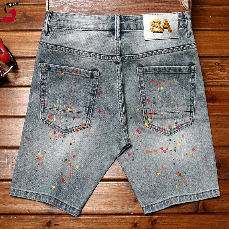 Paint broken hole design denim shorts men's summer2024new elastic slim-fit trendy fashionable youth fifth pants