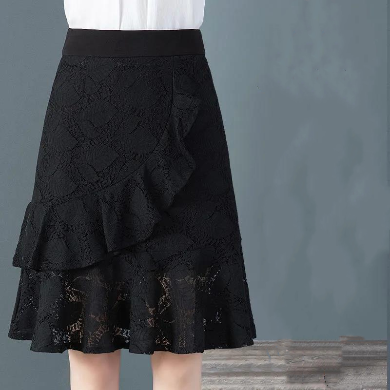 Letnia nowa czarna cienki asymetryczne spódnica o linii A solidna kolorowy Patchwork dopasowana, wąska koronkowa spódniczka elegancka odzież damska w stylu Vintage