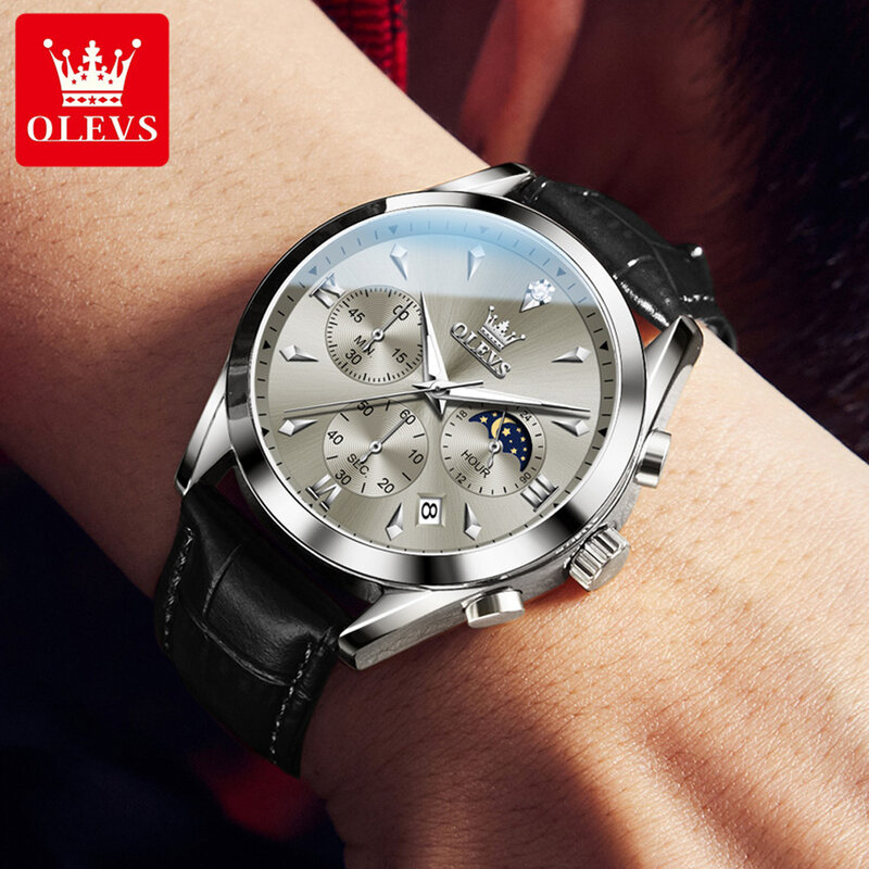 OLEVS-reloj de cuarzo con correa de cuero para hombre, cronógrafo luminoso, resistente al agua, fase lunar, Original