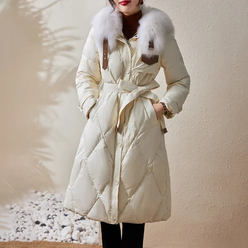 Jaqueta grande de colarinho de pele para mulheres, sobretudo médio-longo, casaco de parka, algodão, quente, moda, novo, outono, inverno, 2023