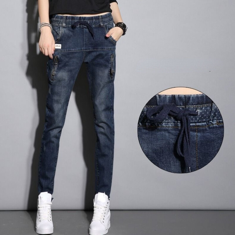 Jeans Boyfriend per donna pantaloni Harem Jeans a vita alta High Street abbigliamento Vintage pantaloni in Denim blu Jeans mamma