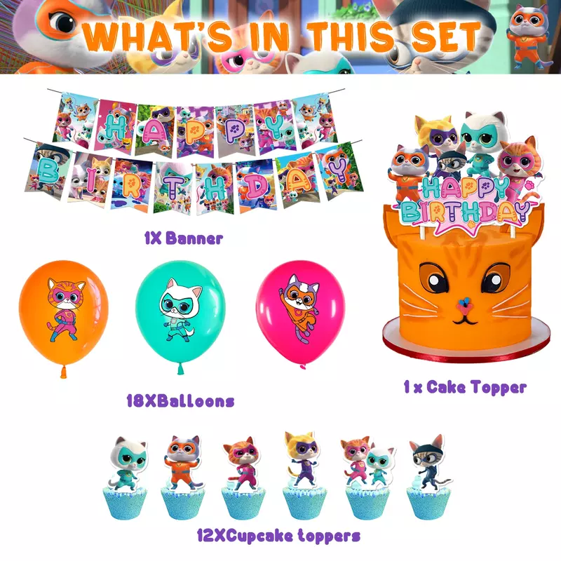 Cartoni animati Superkitties decorazione per feste di compleanno Super Kitties stoviglie palloncino Cake Topper forniture per feste Baby Shower