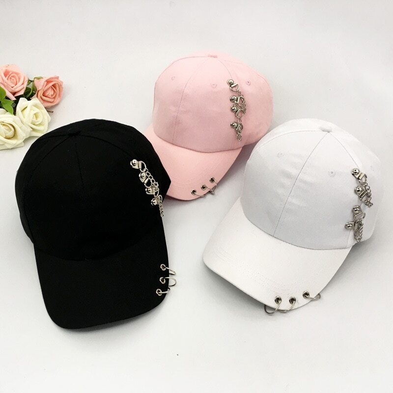 Men Women Fashion Baseball Adjustable Hip Hop Tour Hat Punk Street Metal Chain Ring Baseball Cap Casual Black White Pink Hats