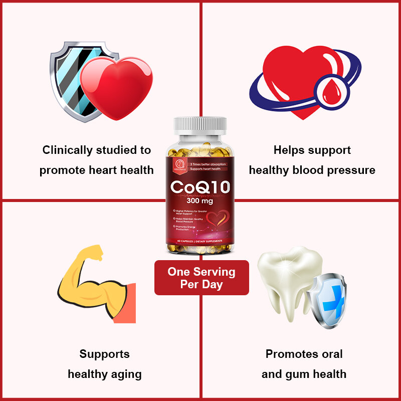 BBEEAAUU-Coenzyme COQ10 à absorption ultra élevée, 300mg, Organique, Vaisseaux sanguins, Santé cardiaque, Équilibre de la pression artérielle pour les personnes âgées