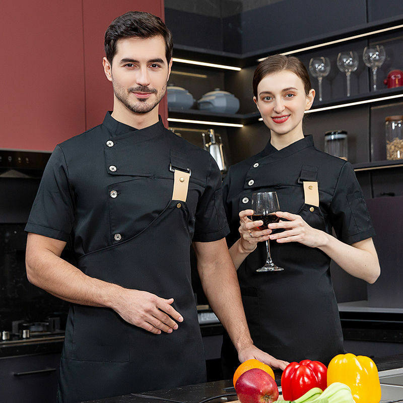 Homens cinza chef casaco logotipo manga curta chef jaqueta avental para o verão cabeça uniforme chef restaurante cozinha do hotel roupas de cozinha