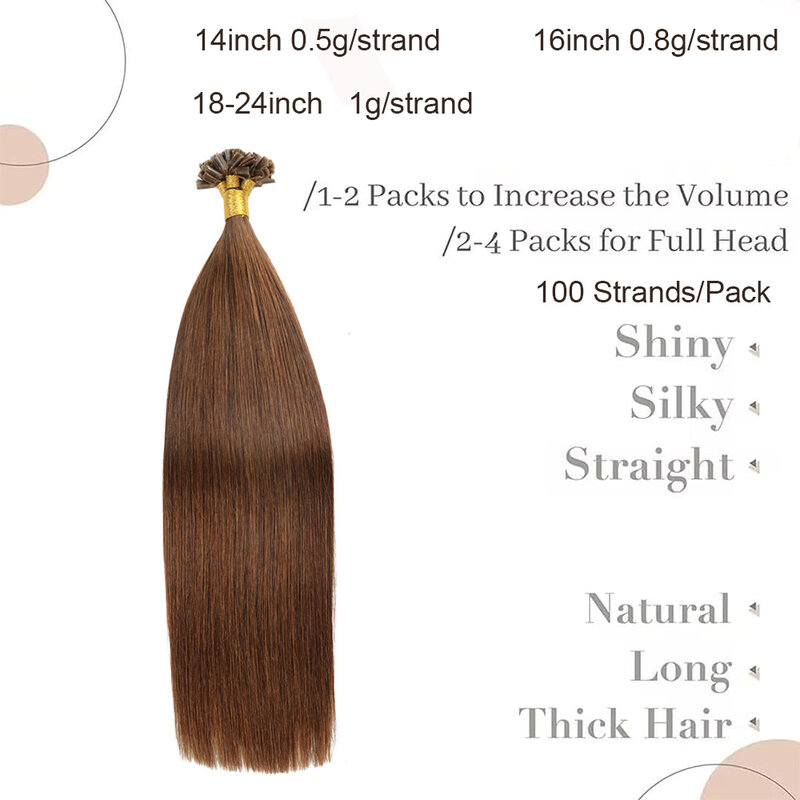 Straight U-Tip extensões de cabelo, cabelo humano, cabelo remy, castanho chocolate, cabelo prego, #4, 100 fios por pacote