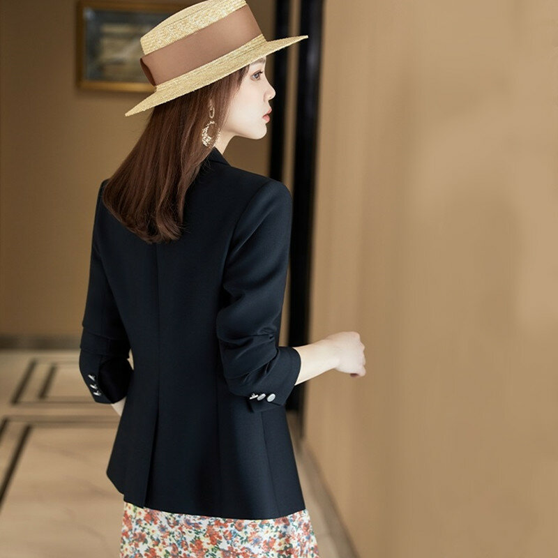 Fashion New Spring Autumn Women Single Button Midnight Navy Casual Blazer Office Lady Short Jacket Slim Coat Girl Top Clothing