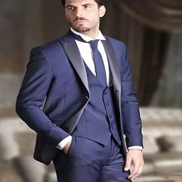 Модный синий деловой мужской костюм, приталенный Блейзер в стиле смарт-кэжуал, высококачественный мужской костюм из трех предметов, куртка, брюки, жилет, мужской костюм