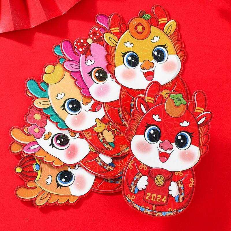 Sobre rojo de dibujos animados de dragón, sobres chinos de Año Nuevo Lunar, soporte de dinero grueso de dibujos animados, 6 piezas, Hong Bao, 2024